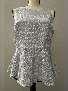 HD in Paris Anthropologie Lace Peplum Top – Blue & White – Size 12 – NWT